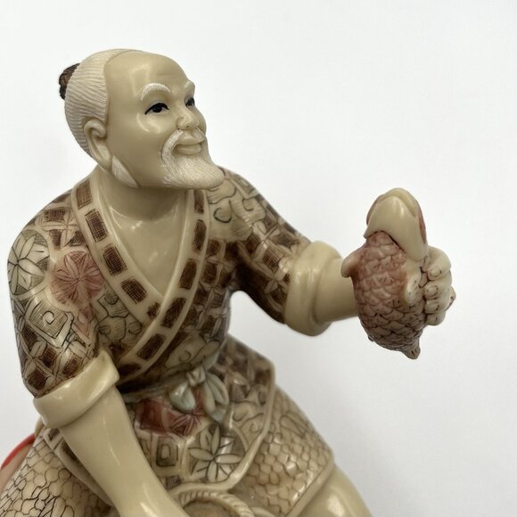 Vintage 80s Japanese Fisherman Figurine Resin Okimono Style Hand Painted Signed - Picture 8 of 8